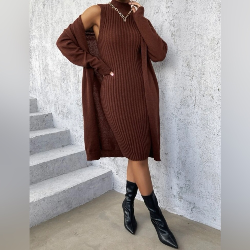 Drop Shoulder Duster Cardigan & Mock Neck Sweater Dress Without Belt - Picture 5 of 7